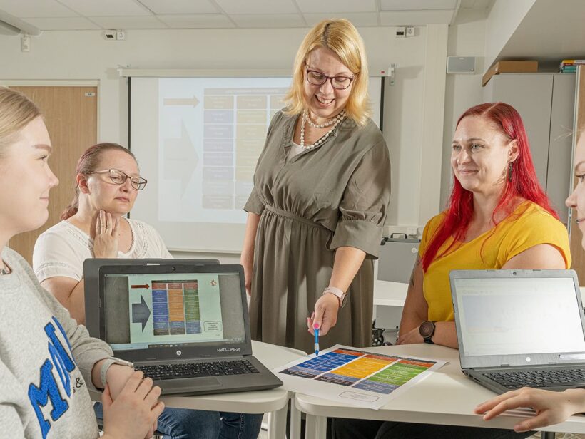 Opettaja näyttää ohjeita paperilta, neljä opiskelijaa kuuntelee ympärillä.