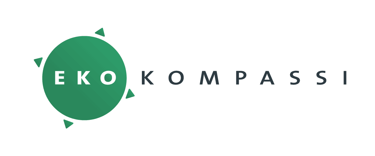 Ekokompassin logo. Logossa vihreässä pallossa lukee eko ja valkoisella pohjalla mustilla kirjaimilla kompassi.