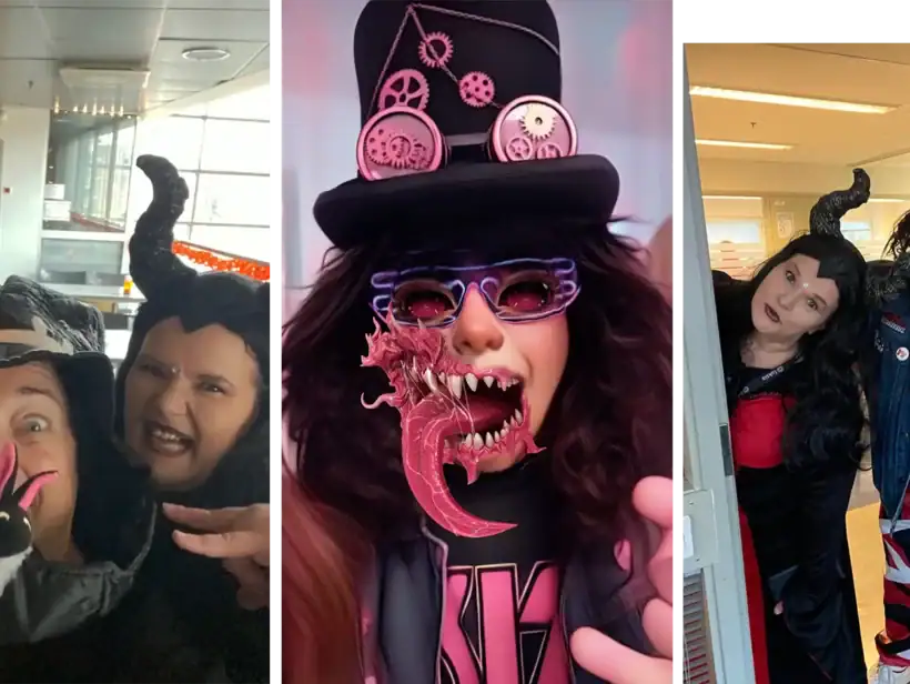 Kolme kuvaa, joissa kaikissa ihmiset Halloween asussa.