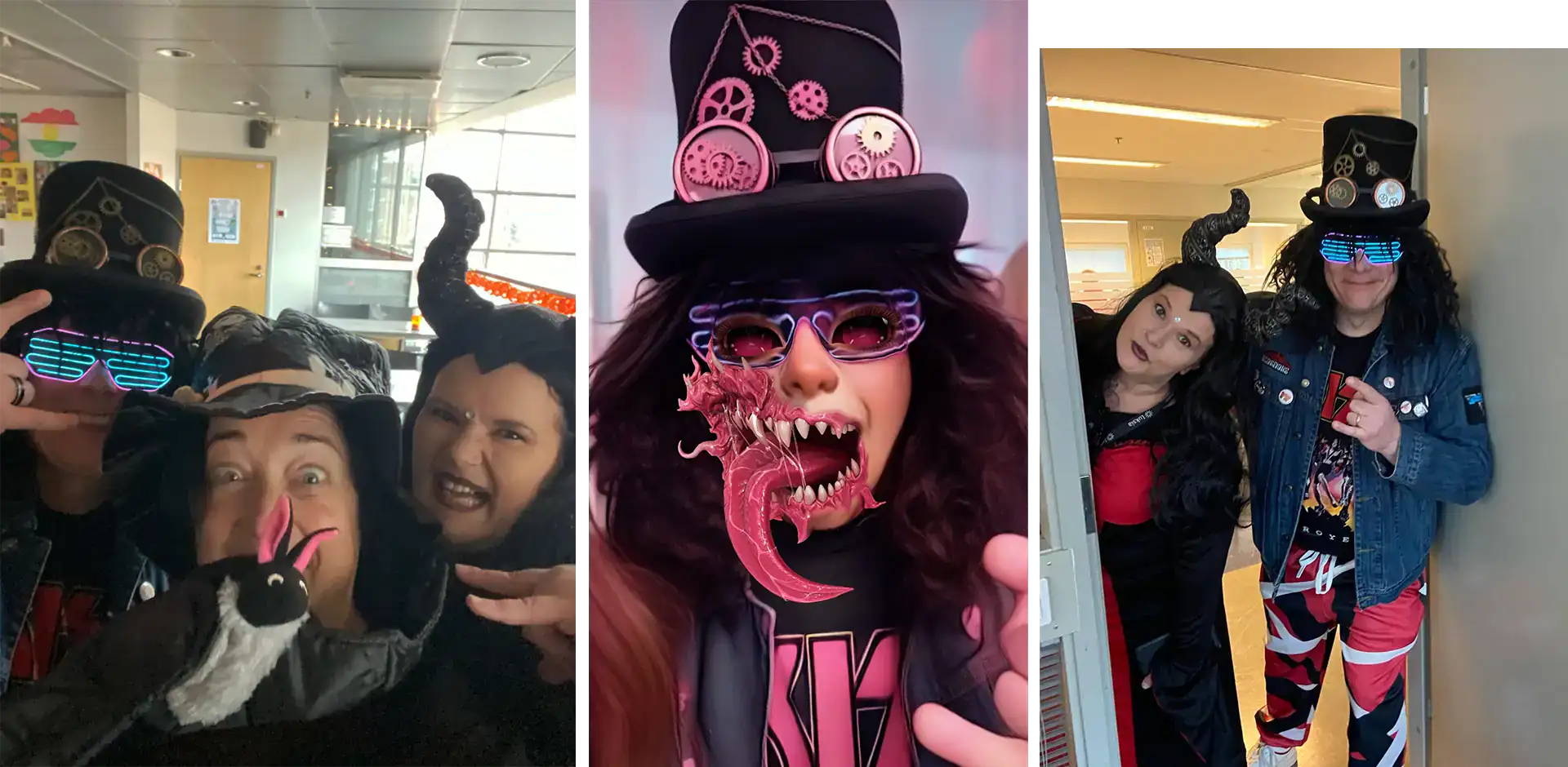 Kolme kuvaa, joissa kaikissa ihmiset Halloween asussa.