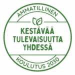 Verkoston vihreä, pyöreä logo, jossa lukee 'ammatillinen koulutus 20230, kestävää tulevaisuutta yhdessä.