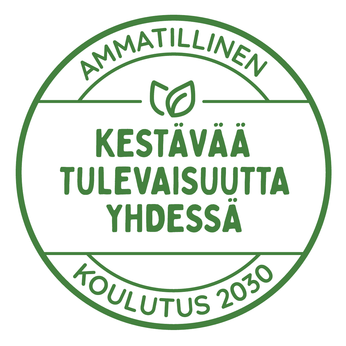 Verkoston vihreä, pyöreä logo, jossa lukee 'ammatillinen koulutus 20230, kestävää tulevaisuutta yhdessä.