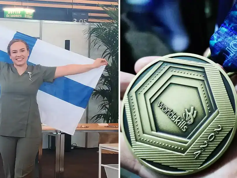 Mirva seisoo kuvassa Suomen lippu kädessä. Kuvassa on myös Mirvan voittama mitali.