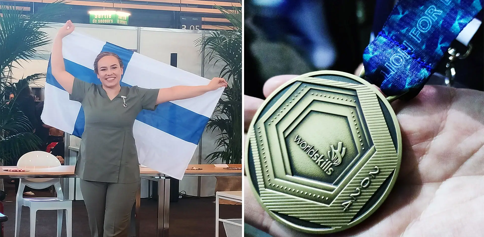 Mirva seisoo kuvassa Suomen lippu kädessä. Kuvassa on myös Mirvan voittama mitali.