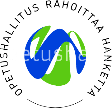 Opetushallituksen rahoittama logo, jossa vihreää ja sinistä sekä mustaa tekstiä.