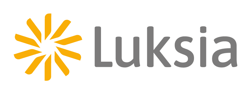Luksian logo. Keltainen aurinko ja Luksia kirjoitettu harmaalla tekstillä viereen.