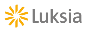 Luksian logo. Keltainen aurinko ja Luksia kirjoitettu harmaalla tekstillä viereen.