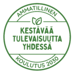 Verkoston vihreä, pyöreä logo, jossa lukee 'ammatillinen koulutus 20230, kestävää tulevaisuutta yhdessä.