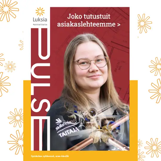 Asiakaslehti Luksia Pulsen kansi, jossa henkilö mustassa hupparissa.