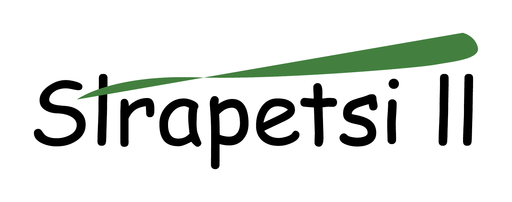 Hankkeen logo, mustalla kirjoitettu Strapetsi II. Sanan yläpuolella on paksuhko vihreä viiva.