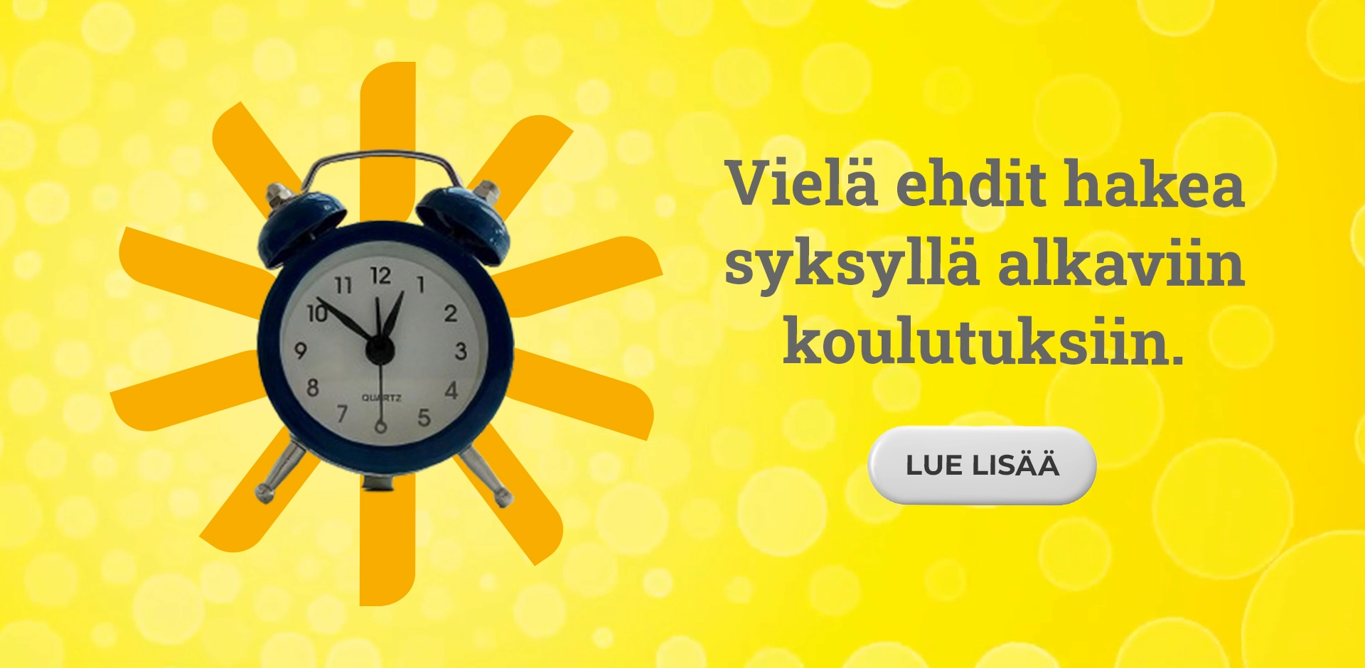Käsi, jossa keltaiset auringonsäteet. Säteissä lukee eri ammattinimikkeitä. Lue lisää tästä -linkki.