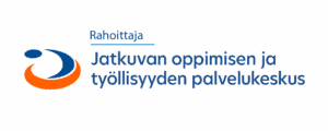 Jatkuvan oppimisen ja työllisyyden palvelukeskuksen logo. Kuviossa oranssia ja sinistä. Teksti sinisellä.