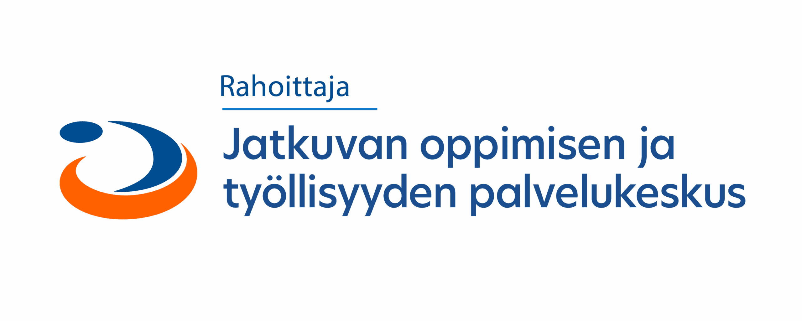 Jatkuvan oppimisen ja työllisyyden palvelukeskuksen logo. Kuviossa oranssia ja sinistä. Teksti sinisellä.