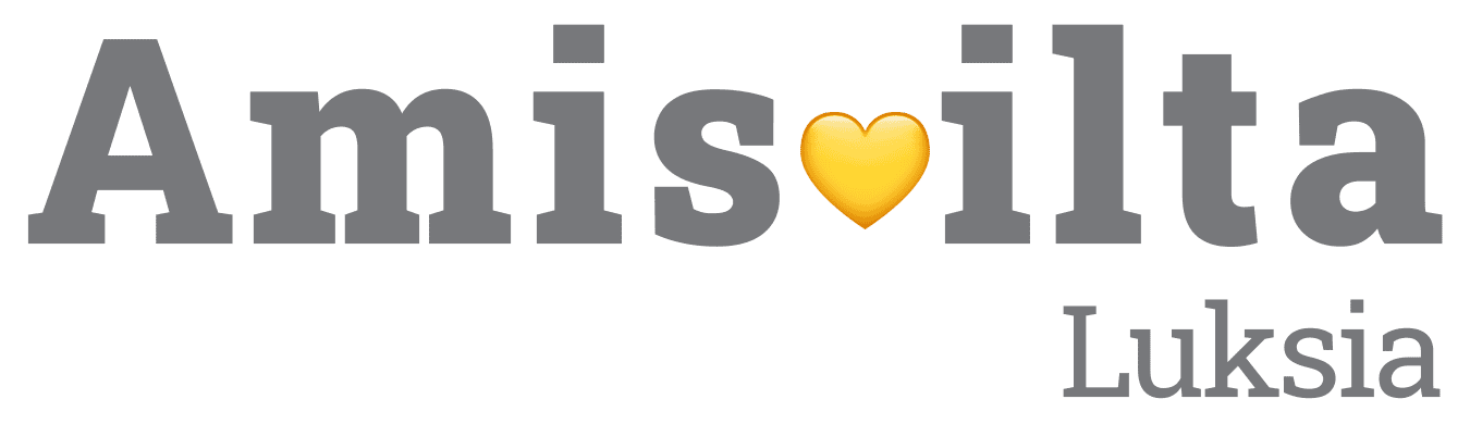Harmaata tekstiä, jossa lukee Amisilta Luksia. I:n piste on korvattu keltaisella sydämellä.