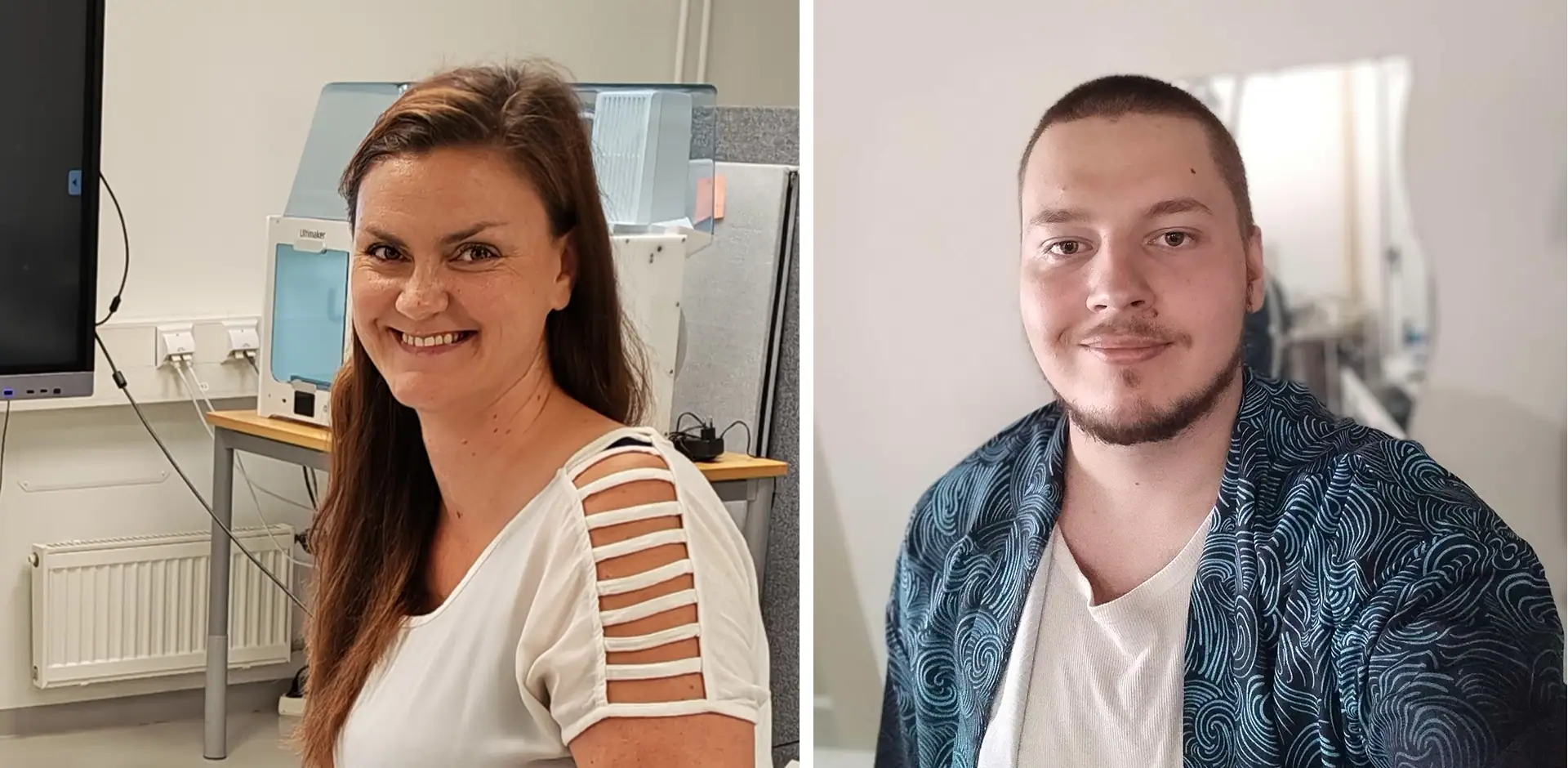Kaksi henkilöä, molemmilla valkoiset paidat, toisella valkoisen paidan päällä tumma kauluspaita.