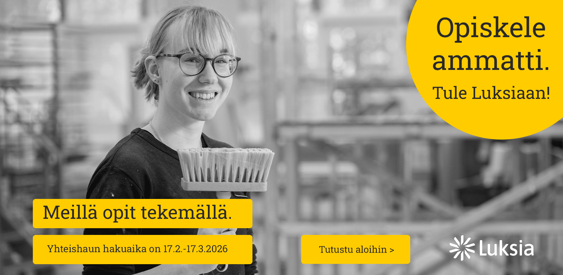 Opiskele ammatti Käsi, jossa keltaiset auringonsäteet. Säteissä lukee eri ammattinimikkeitä. Lue lisää tästä -linkki.