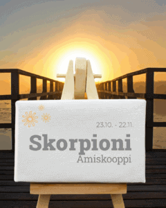 Yläkatsaus kuvailevaa tekstiä: 1. Skorpioni horoskooppi asetelma auringonlaskussa. 2. Skorpioni horoskooppi, amiskooppihäämikko, syksyinen luontoympäristö. 3. Kuva Skorpioni horoskoopista ja amiskooppihäämikköön liittyvästä symboliikasta luonnon keskellä, nostaa esiin syksyn aikataulut ja horoskoopit. 4. Kuvassa esitellään Skorpioni horoskooppi 23.10.–22.11. ajanjaksolle; symbolinen ja tyylikäs luontoelementein.