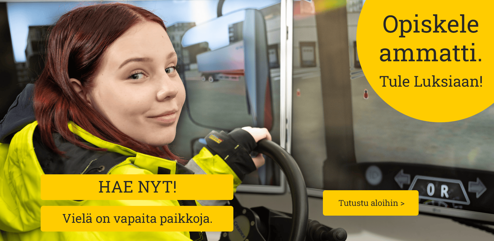 Opiskele ammatti Käsi, jossa keltaiset auringonsäteet. Säteissä lukee eri ammattinimikkeitä. Lue lisää tästä -linkki.