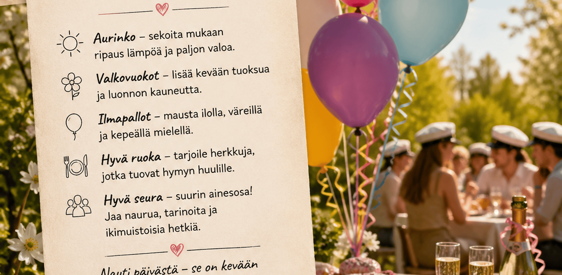 Ilmapalloja ja ihmisiä, joilla ylioppilaslakit päässä.